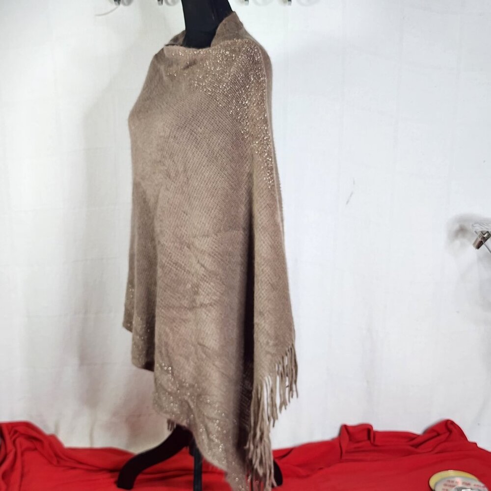 Unbranded Womens Dark Tan with Gold Metallic Trim Acrylic Sweater Poncho OSFM - Picture 9 of 16